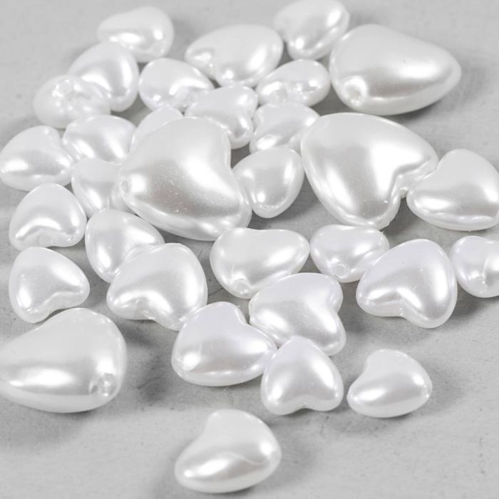 Wax Beads, Hearts, dia. 7-13 mm, hole size 1,3-1,5 mm, mother-of-pearl, 32 pc/ 1 pack
