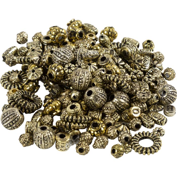 Bead Mix, dia. 3-20 mm, hole size 1,5-3 mm, various motifs, metallic colours, 50 g/ 1 pack