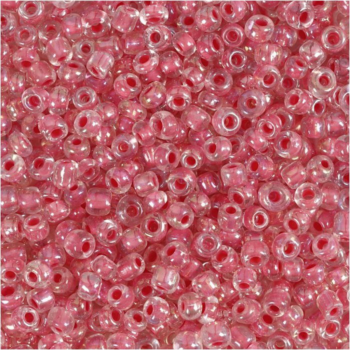Rocaille seed beads, dia. 3 mm, size 8/0, hole size 0,6-1,0 mm, pink centre, 25 g/ 1 pack
