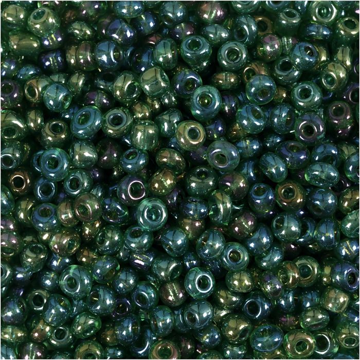 Rocaille seed beads, dia. 3 mm, size 8/0, hole size 0,6-1,0 mm, green oil, 25 g/ 1 pack