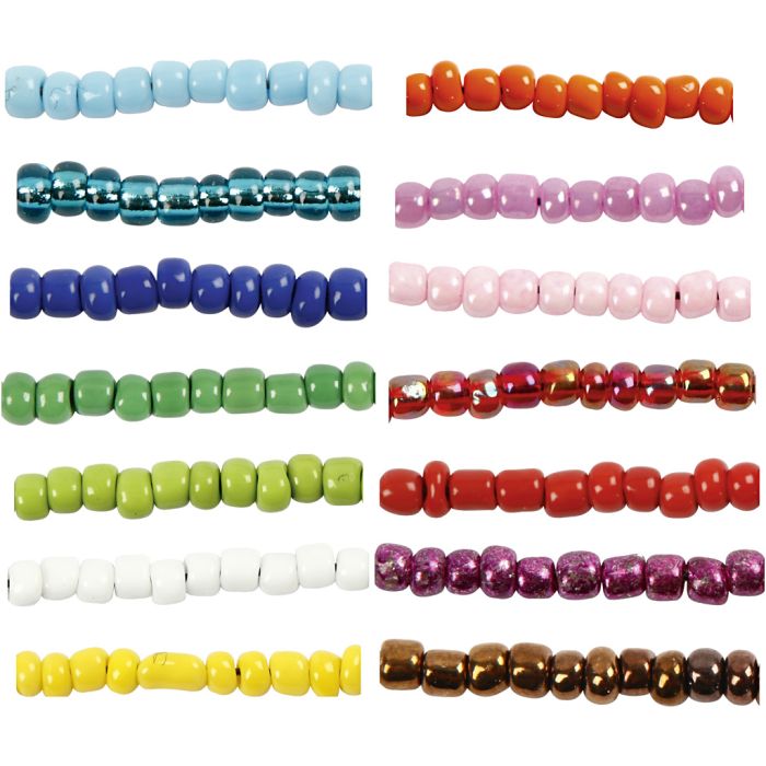 Rocaille seed beads, dia. 3 mm, size 8/0, hole size 0,6-1,0 mm, assorted colours, 14x25 g/ 1 pack