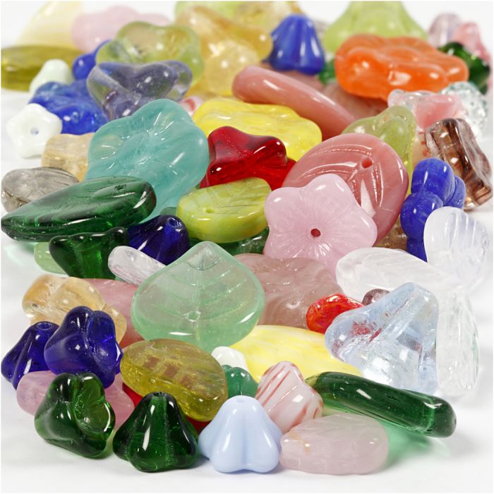 Glass beads, leaves, flowers, dia. 6-17 mm, hole size 0,5-1,5 mm, assorted colours, 60 g/ 1 pack