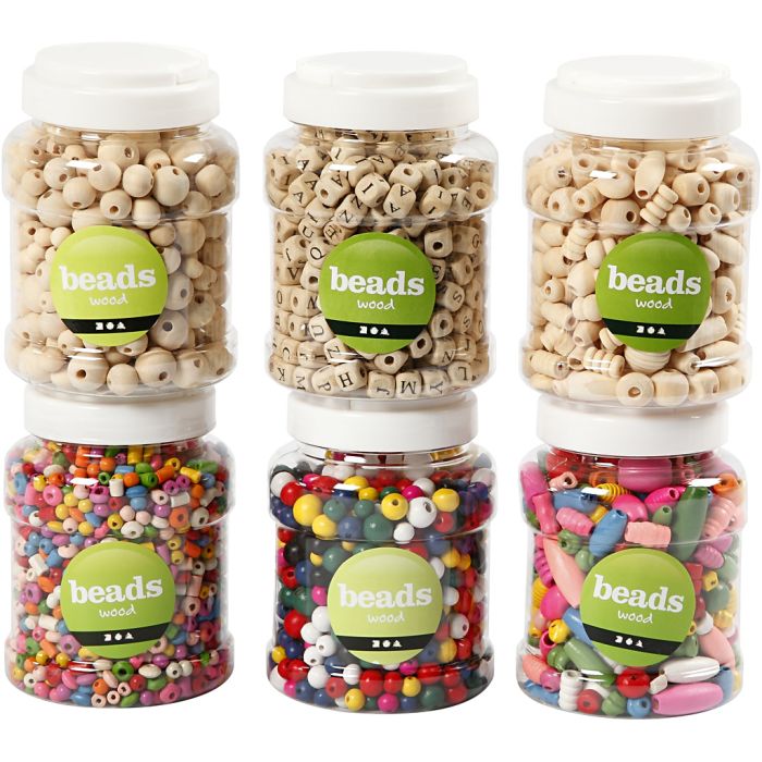Wooden Beads, dia. 5-25 mm, 6x200 g, 6x400 ml/ 1 pack