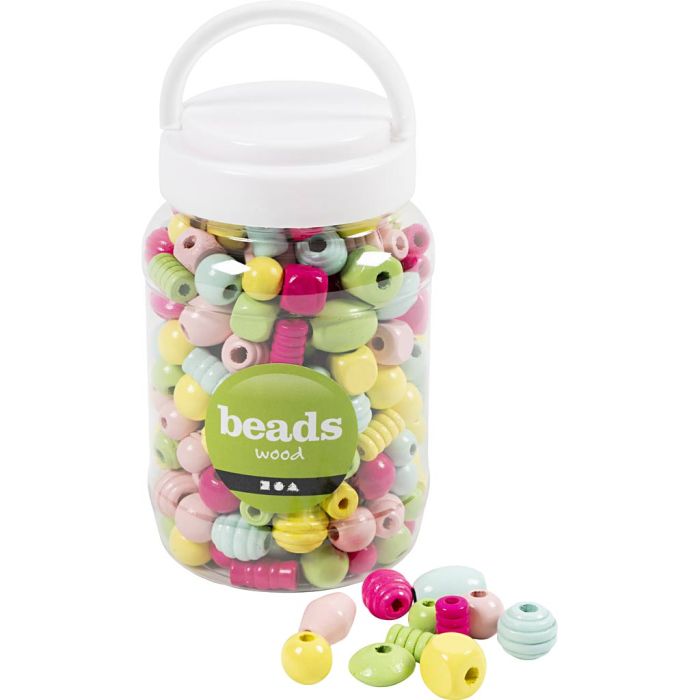 Wooden Beads, dia. 10-15 mm, hole size 3-5 mm, light blue, light green, light red, light yellow, 200 g/ 1 bucket