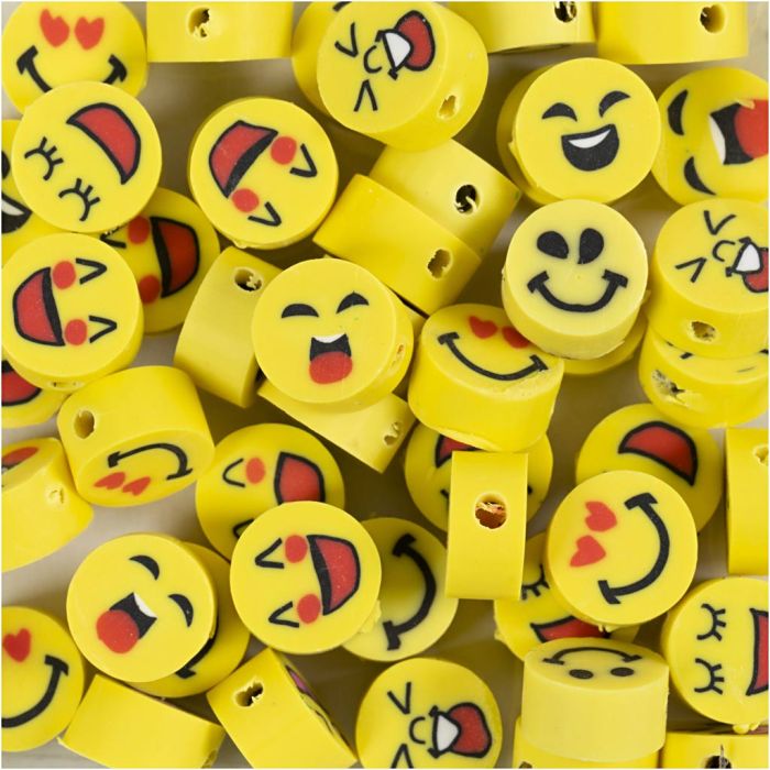 Figure Beads, Emoji, dia. 10 mm, hole size 1,5 mm, 60 pc/ 1 pack