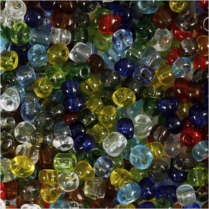 Rocaille seed beads, dia. 4 mm, size 6/0, hole size 0,9-1,2 mm, gloss transparent, 130 g/ 1 pack