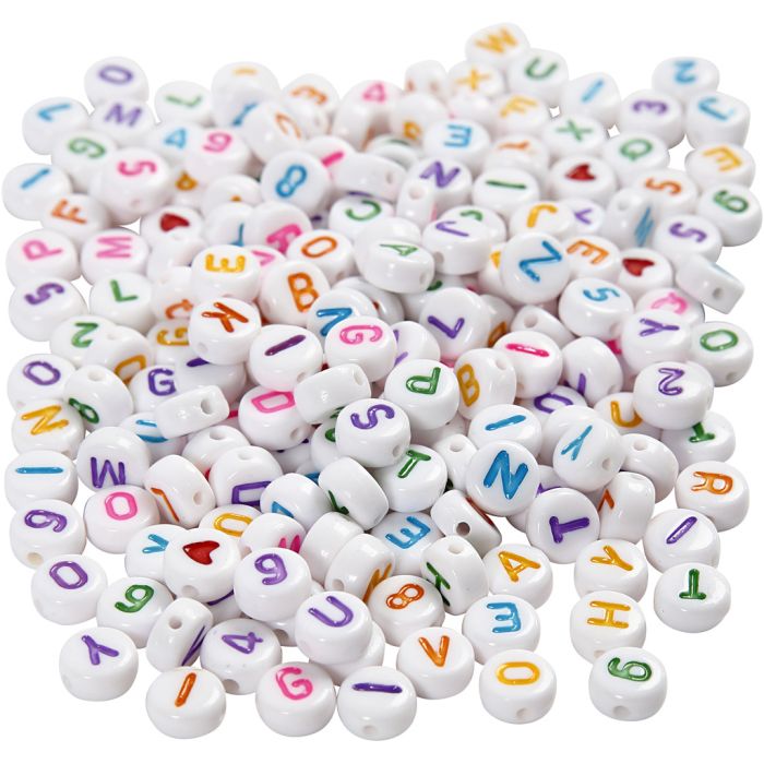 Letter Beads, size 7 mm, hole size 1,2 mm, ca. 1500 pc, white, 200 g/ 1 pack