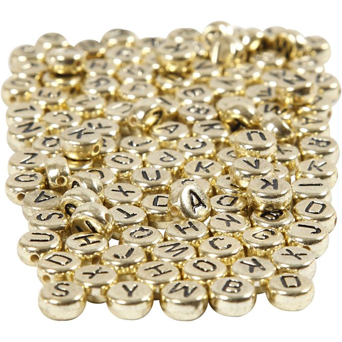 Letter Beads, dia. 7 mm, hole size 1 mm, ca. 1500 pc, gold, 165 g/ 1 pack