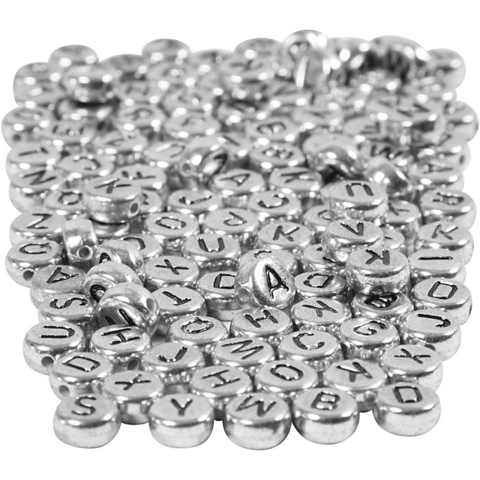 Letter Beads, dia. 7 mm, hole size 1,2 mm, ca. 1500 pc, silver, 165 g/ 1 pack