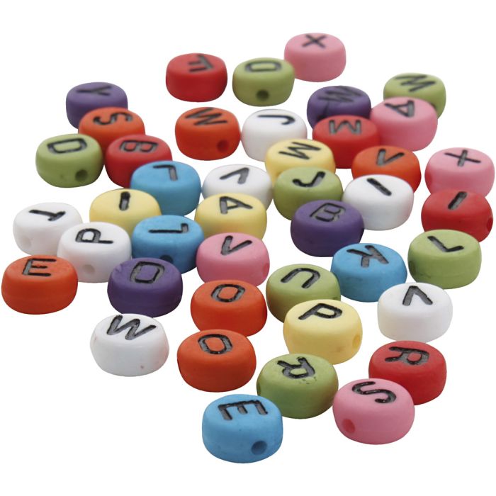 Round letter beads, dia. 7 mm, hole size 1-2 mm, thickness 4 mm, assorted colours, 500 g/ 1 pack