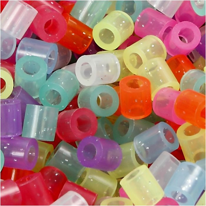 Fuse Beads, size 5x5 mm, hole size 2,5 mm, medium, glitter colours, 1100 pc/ 1 pack