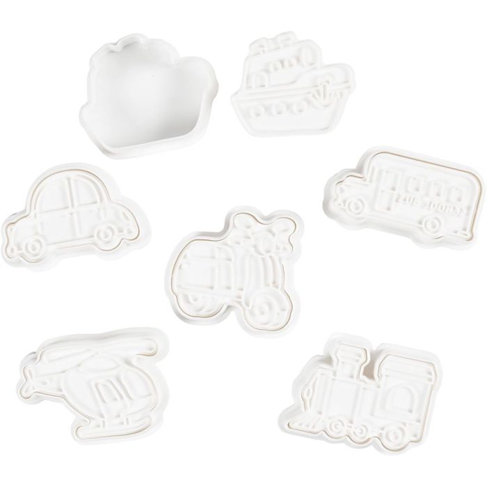 Embossing Cookie Cutters, Transport, size 3,5-5,5 cm, white, 6 pc/ 1 pack