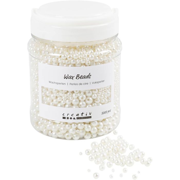 Wax Beads, dia. 3-8 mm, hole size 1,3-2,5 mm, ca. 5000, white - mother-of-pearl, 430 g, 700 ml/ 1 tub