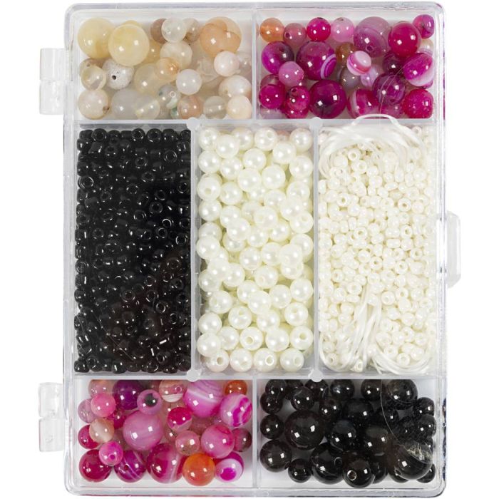 Craft Mix Jewellery, Agates, size 2,6-10 mm, hole size 0,8-1,8 mm, ca. 2740 pc, beige, black, pink, white - mother-of-pearl, 1 pack