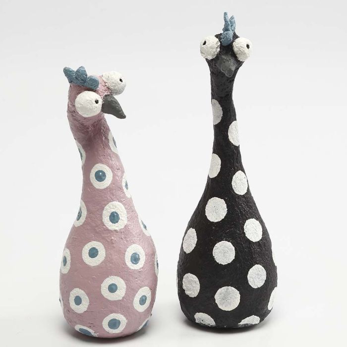 Hens made from Polystyrene Shapes and Florist Wire covered with Papier-mâché Pulp