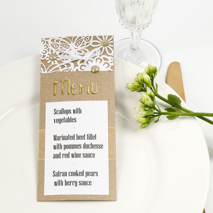 A Menu Card decorated with Lace patterned Card, Deco Foil and Rhinestones