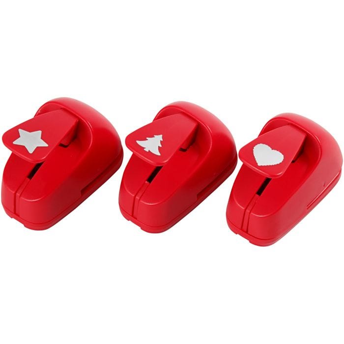 Paper Punches, star, heart, christmas tree, size 16 mm, red, 1 set