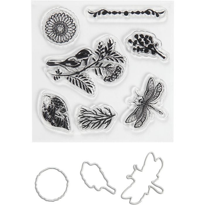 Clear stamps and cutting dies, animals and leafs, size 2,5-6 cm, 1 pack
