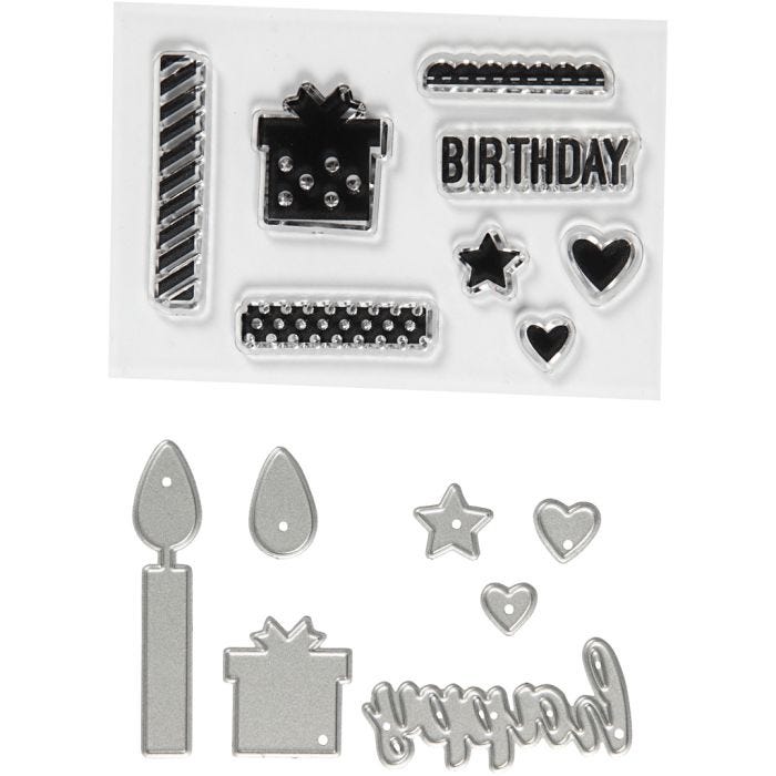 Clear stamps and cutting dies, birthday, size 10-70 mm, 1 pack