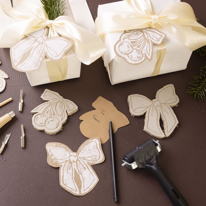 To-and-from card with linoleum block printing