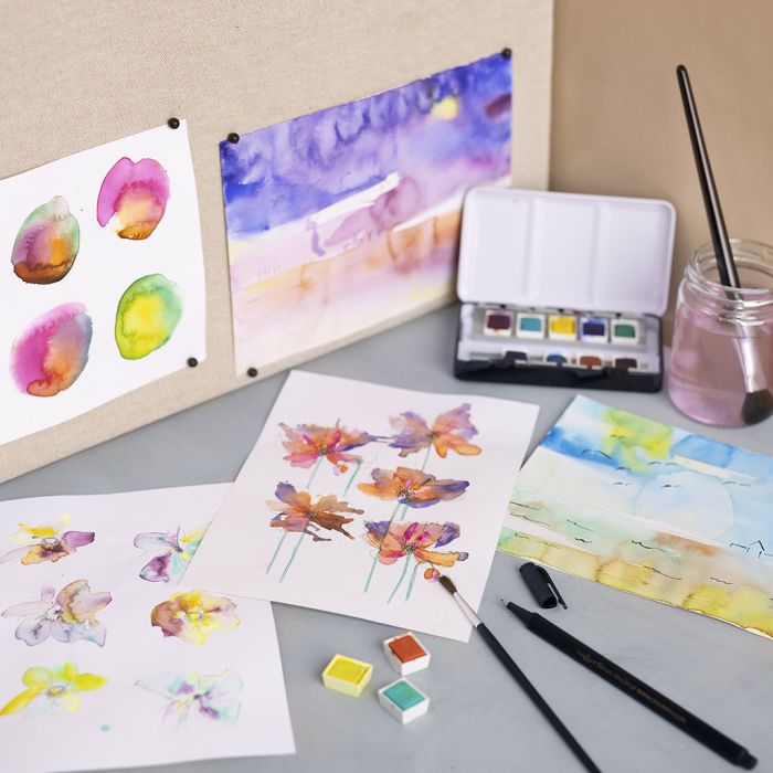 Watercolour flowers and landscapes