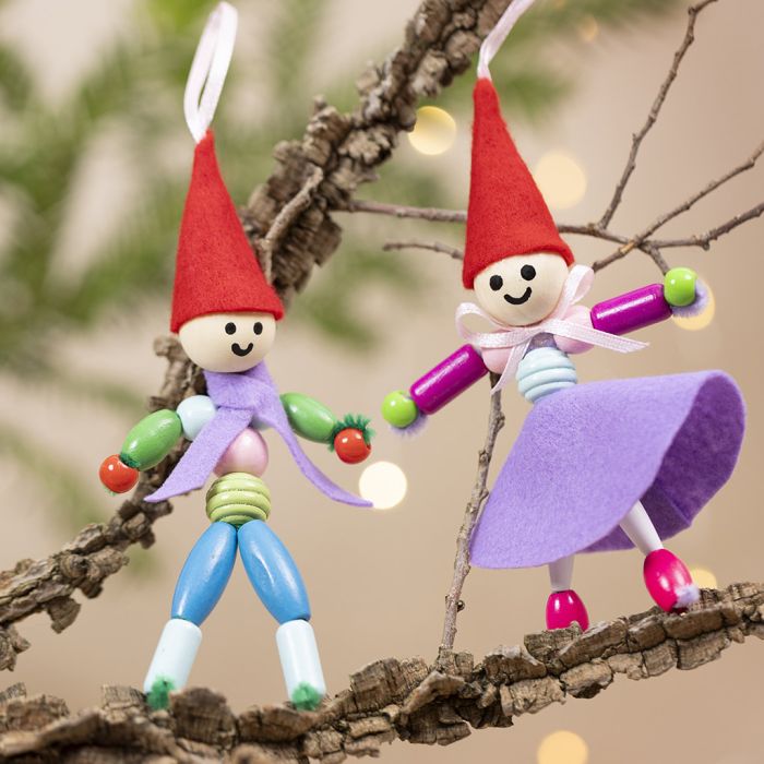 Pair of elves made of wooden beads and felt