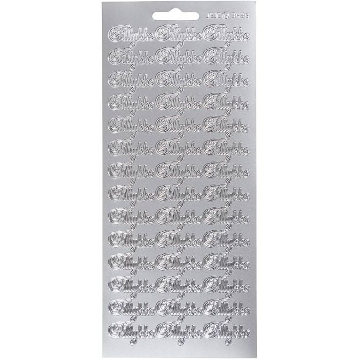 Stickers, tillykke, sheet 10x23 cm, silver, 1 sheet