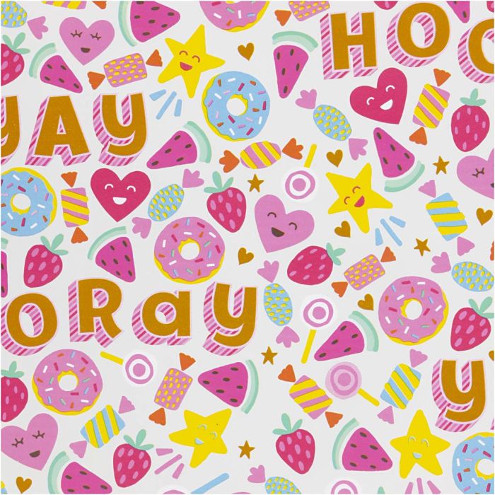 Gift wrap, Candy, fruit and doughnuts, W: 50 cm, 80 g, light turquoise, 100 m/ 1 roll