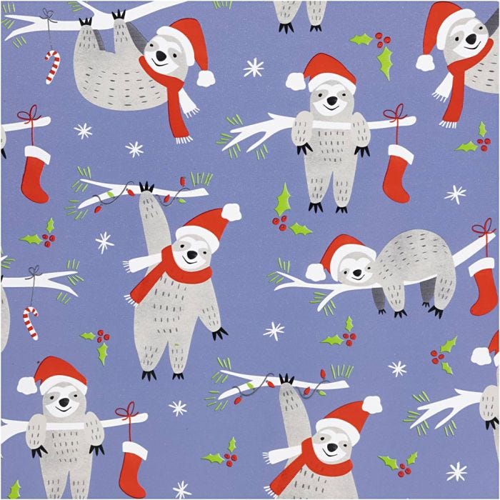Gift wrap, Sloth with Christmas hat, W: 50 cm, 80 g, purple, 100 m/ 1 roll