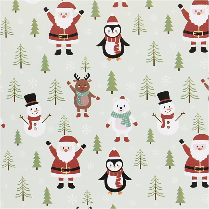 Gift wrap, Santa Claus, snowman, reindeer, polar bear and penguin, W: 50 cm, 80 g, ice blue, 100 m/ 1 roll