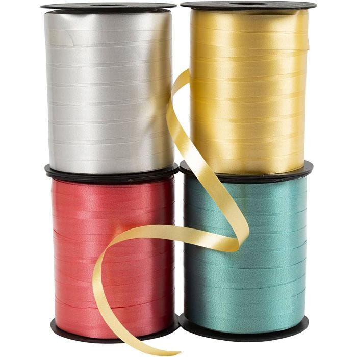 Curling Ribbon, W: 10 mm, glossy, gold, green, red, silver, 4x250 m/ 1 pack