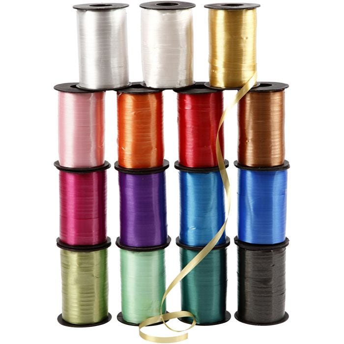 Curling Ribbon, W: 10 mm, glossy, assorted colours, 15x250 m/ 1 pack