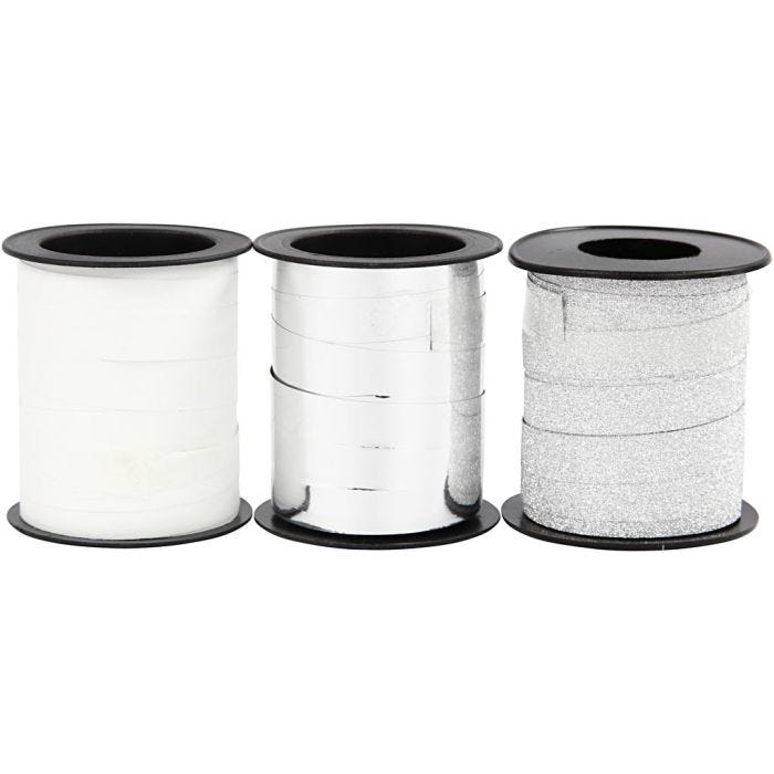 Curling Ribbon, W: 10 mm, silver, glitter silver, white, 3x15 m/ 1 pack