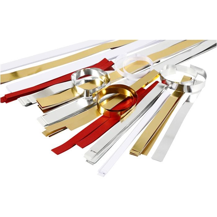 Paper Star Strips, L: 44+78 cm, W: 10+15+25 mm, dia. 4,5+6,5+11,5 cm, Content may vary , gold, red, silver, white, 5000 strips/ 1 pack