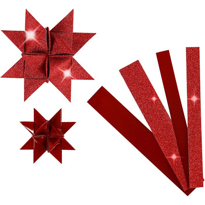 Paper Star Strips, L: 44+78 cm, W: 15+25 mm, dia. 6,5+11,5 cm, glitter,varnish, red, 40 strips/ 1 pack