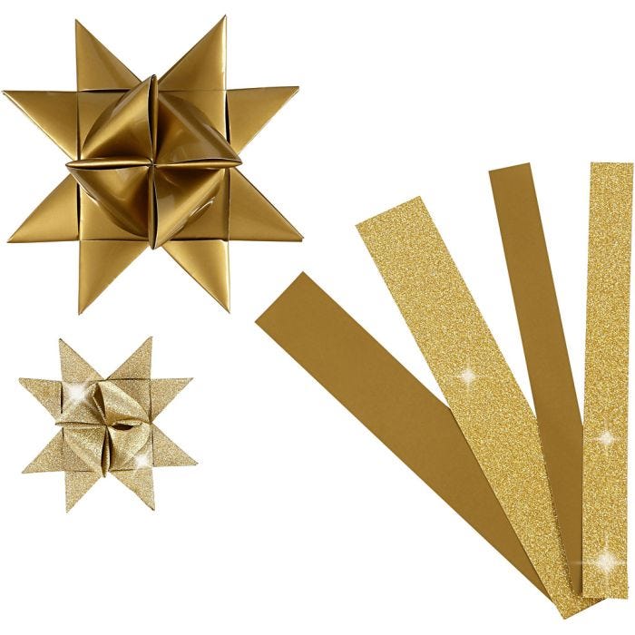 Paper Star Strips, L: 44+78 cm, dia. 6,5+11,5 cm, W: 15+25 mm, glitter,varnish, gold, 40 strips/ 1 pack