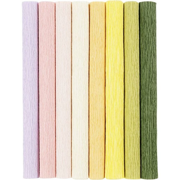 Crepe paper, sheet 25x60 cm, Crêpe ratio: 180%, 105 g, pastel colours, 8sheet/ 1 pack