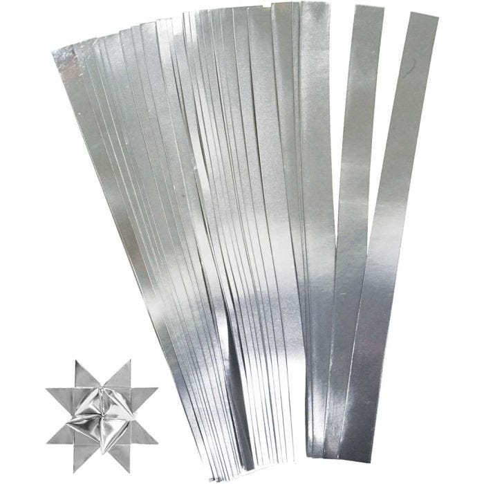 Paper Star Strips, L: 45 cm, dia. 6,5 cm, W: 15 mm, silver, 100 strips/ 1 pack