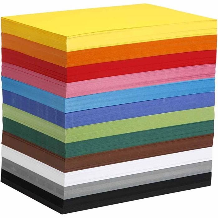 Coloured Card, A4, sheet 210x297 mm, 180 g, assorted colours, 1200 ass sheets/ 1 pack
