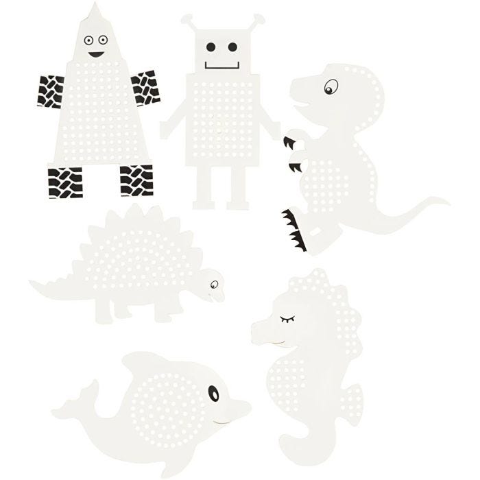 Embroidery card, animals/robots, H: 8-13 cm, W: 8-13 cm, white, 6x3 pc/ 1 pack