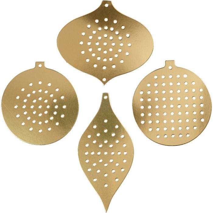 Cross Stitch Card, christmas ornament, H: 8,5-12 cm, hole size 3 mm, metallic gold, 8 pc/ 1 pack