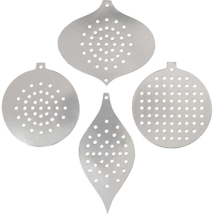 Cross Stitch Card, christmas ornament, H: 8,5-12 cm, hole size 3 mm, metallic silver, 8 pc/ 1 pack