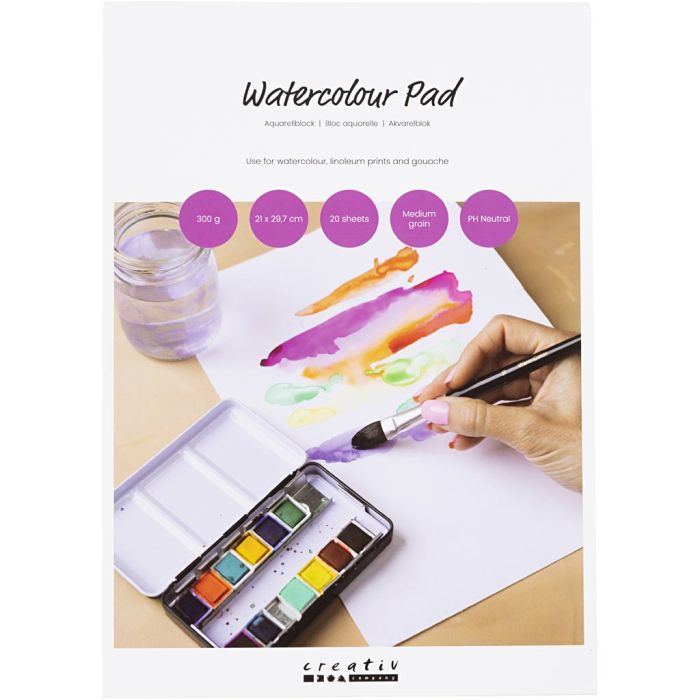 Watercolour block, A4, sheet 210x297 mm, cold pressed,medium grain, 300 g, white, 20 sheet/ 1 pc