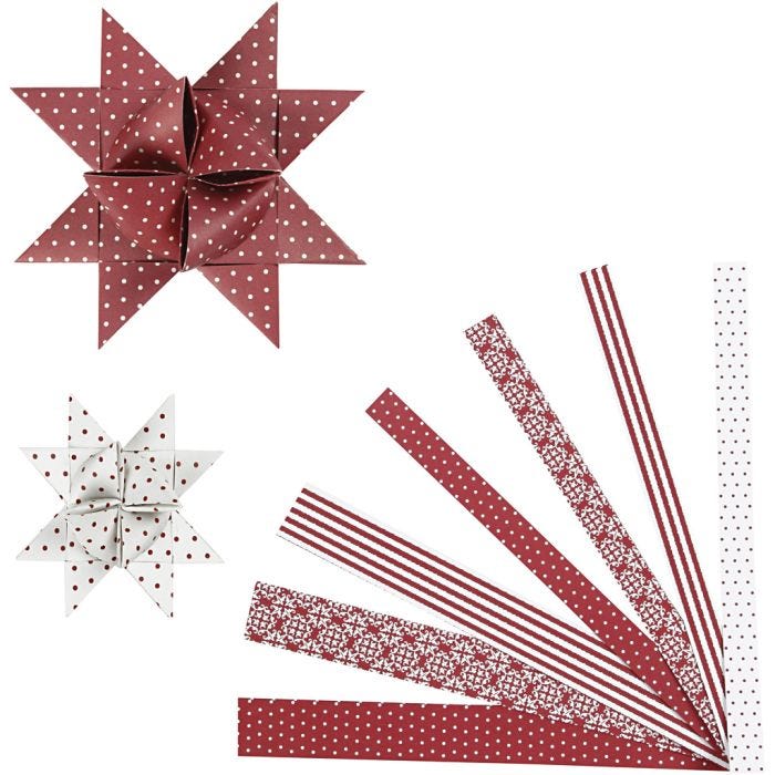 Paper Star Strips, L: 44+78 cm, dia. 6,5+11,5 cm, W: 15+25 mm, red, white, 60 strips/ 1 pack