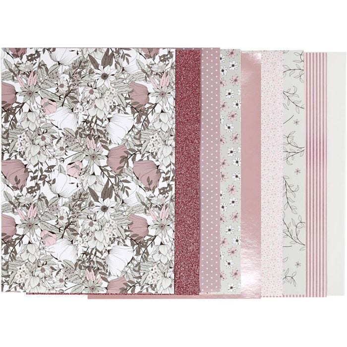 Design Paper pad, size 21x30 cm, 120+128 g, beige, brown, rose, white, 24 sheet/ 1 pack
