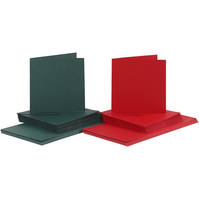 Cards and envelopes, card size 15x15 cm, envelope size 16x16 cm, 110+230 g, green, red, 50 set/ 1 pack