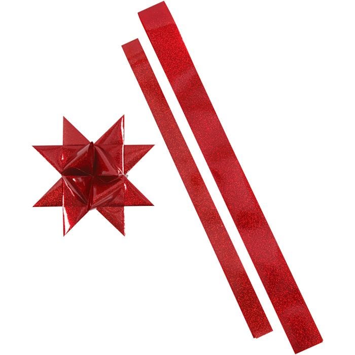 Star Strips, L: 86+100 cm, dia. 11,5+18,5 cm, W: 25+40 mm, red, red glitter, 16 strips/ 1 pack