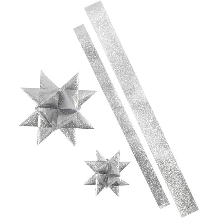 Star Strips, L: 86+100 cm, W: 25+40 mm, dia. 11,5+18,5 cm, glitter silver, 16 strips/ 1 pack