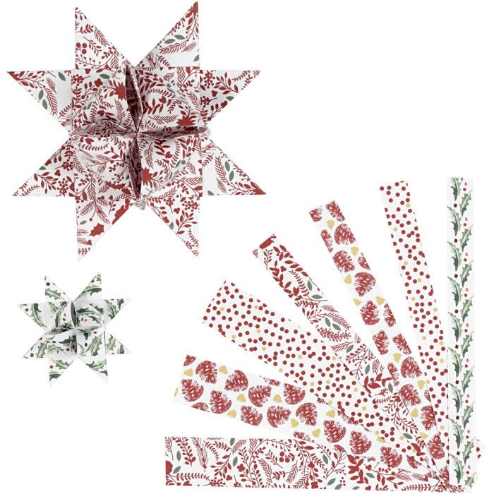 Paper Star Strips, L: 44+78 cm, dia. 6,5+11,5 cm, W: 15+25 mm, red, white, 48 strips/ 1 pack