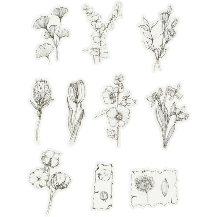 Masking tape stickers, black/white flowers, size 30-50 mm, 30 pc/ 1 pack